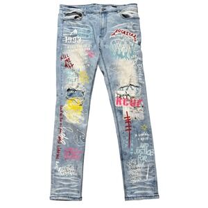 ROCKSTAR ORIGINAL Men 38 Ultra Slim Koontz Jeans Graffiti Print Distressed Denim